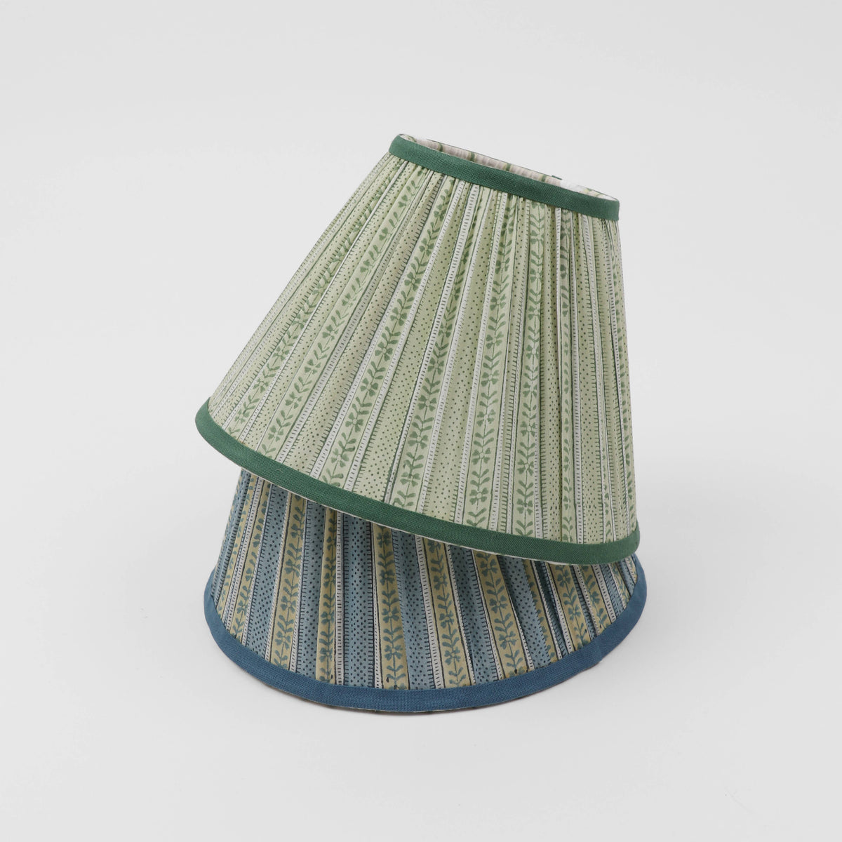 BLOCK PRINTED FABRIC PLEATED LAMPSHADE - GREEN FLORAL STRIPE