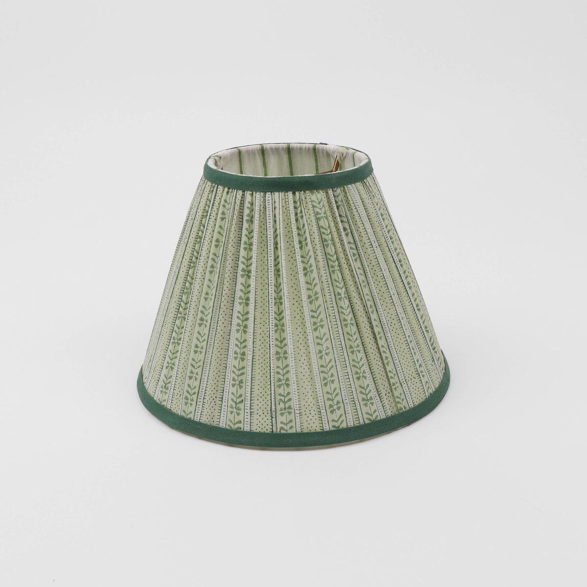 BLOCK PRINTED FABRIC PLEATED LAMPSHADE - GREEN FLORAL STRIPE