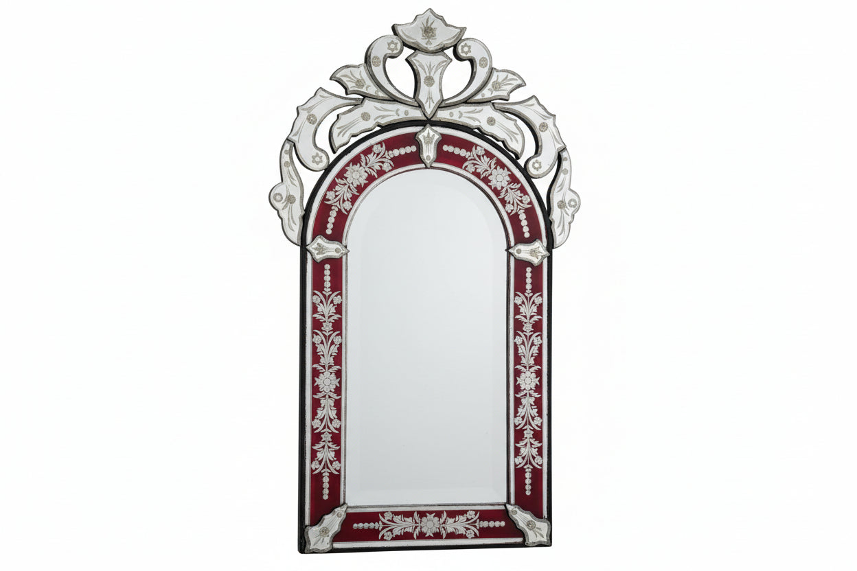 Venetian Enameled Beveled Glass Mirror with Red Trim