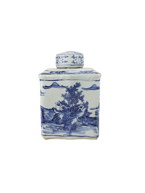 Blue and White Curved Tea Jar - Landscape Motif